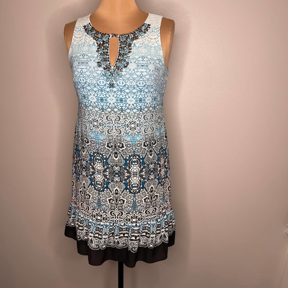 WHBM Oasis Blue Shift Lined Dress Embellished Print Sleeveless Small Petite - Picture 3 of 14